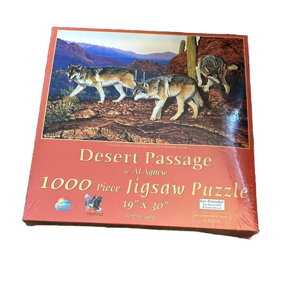 Sunsout Desert Passage Jigsaw Puzzle Al Agnew 19x30 RARE Wolves Coyotes Cactus - Picture 1 of 8